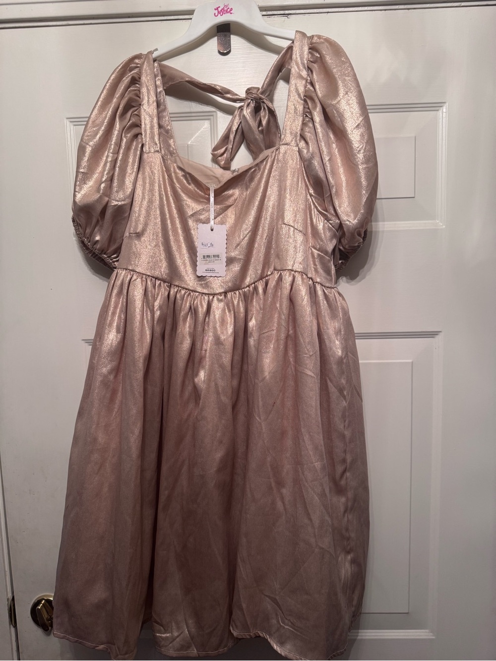 Simply Southern Metallic  Gold Puff-Sleeve Tie-Back Dress